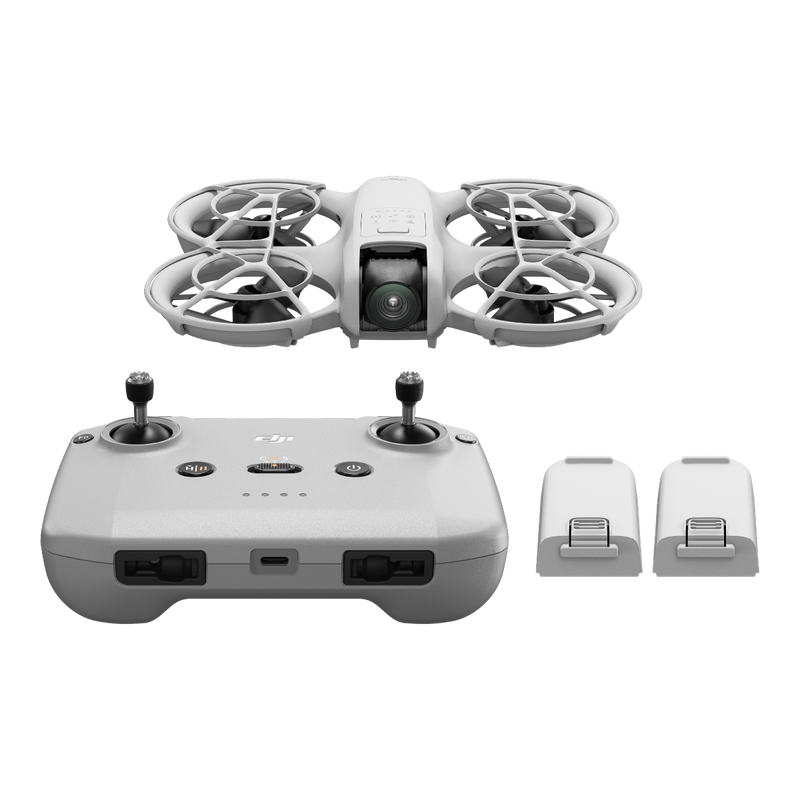 A 3D render of the DJI Neo, RC N3 and 2 extra Neo flight batteries.